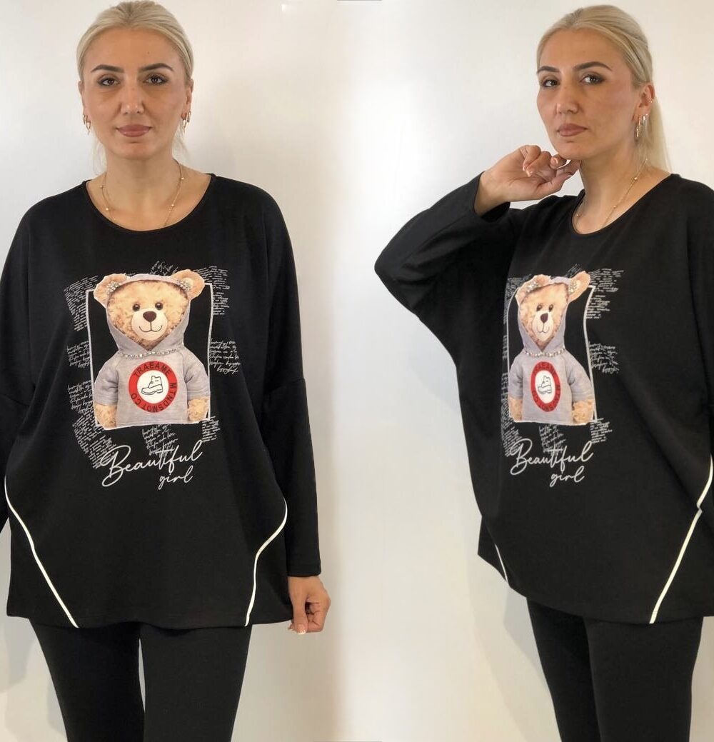 Bluzka czarna oversize z nadrukiem misia