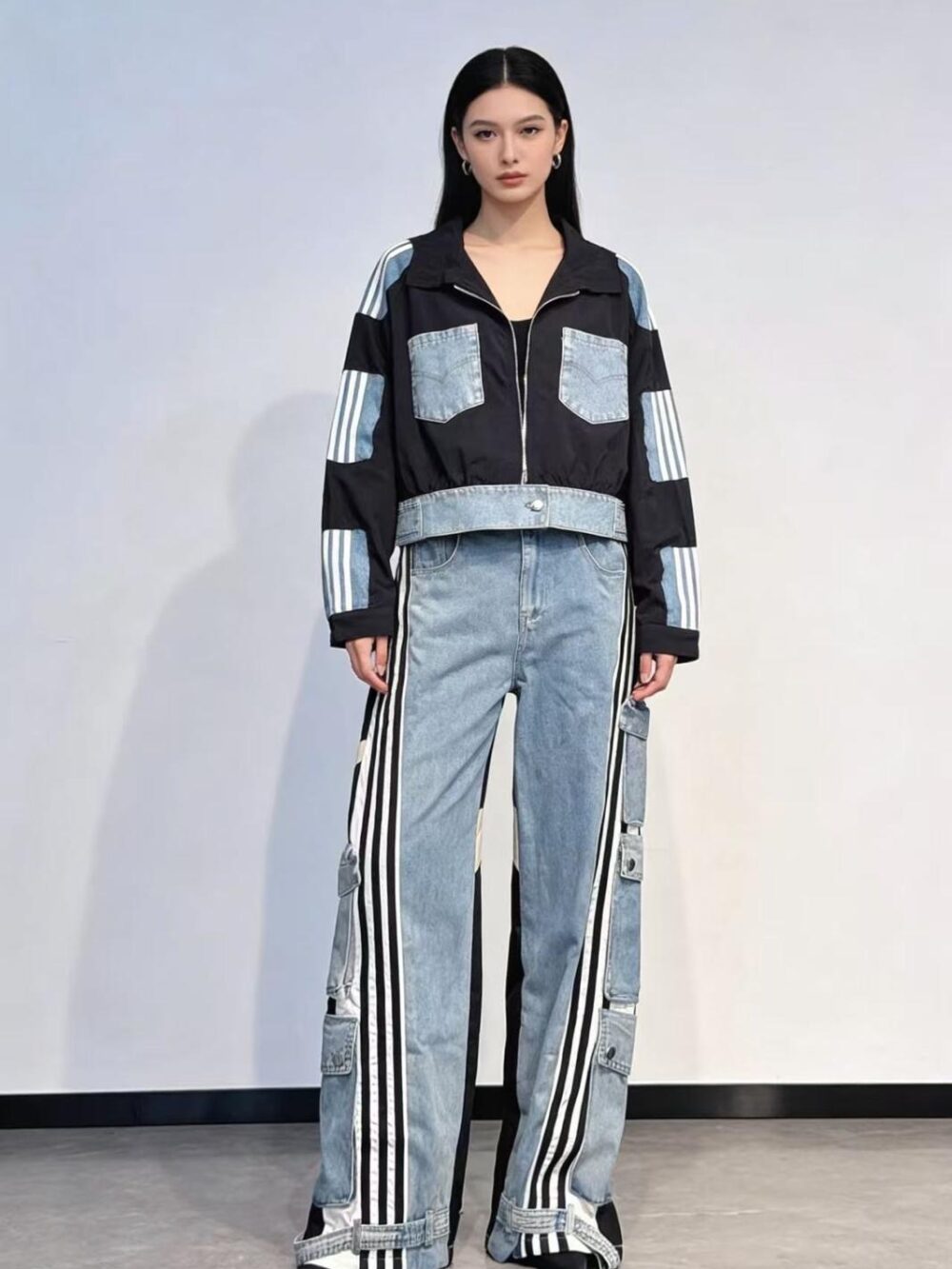 komplet jeans z paskami
